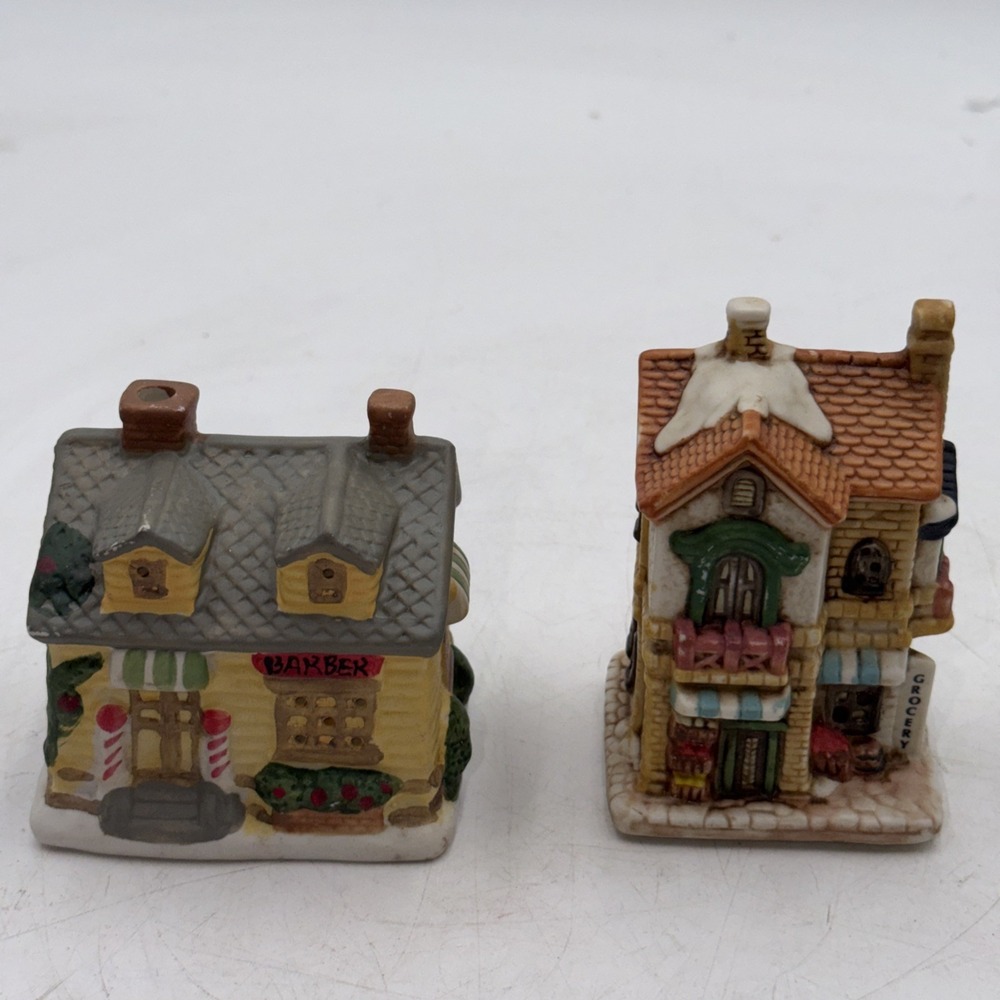 Miniature Olde Town Village Porcelain Grocery And Barber Shop Christmas 1993